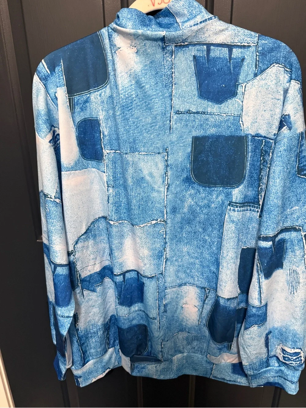 Casual Zip-Neck Patchwork Print Top - Blue
